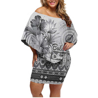 Vintage Bula Fiji Personalised Family Matching Off Shoulder Short Dress and Hawaiian Shirt Beige Hibiscus Tapa Pattern LT9 Mom's Dress White - Polynesian Pride