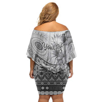 Vintage Bula Fiji Personalised Family Matching Off Shoulder Short Dress and Hawaiian Shirt Beige Hibiscus Tapa Pattern LT9 - Polynesian Pride