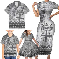 Vintage Bula Fiji Personalised Family Matching Short Sleeve Bodycon Dress and Hawaiian Shirt Beige Hibiscus Tapa Pattern LT9 - Polynesian Pride