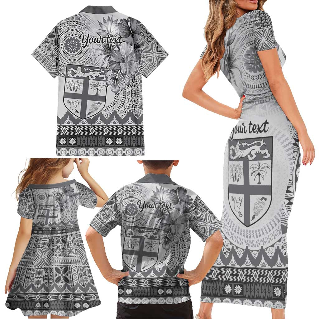 Vintage Bula Fiji Personalised Family Matching Short Sleeve Bodycon Dress and Hawaiian Shirt Beige Hibiscus Tapa Pattern LT9 - Polynesian Pride