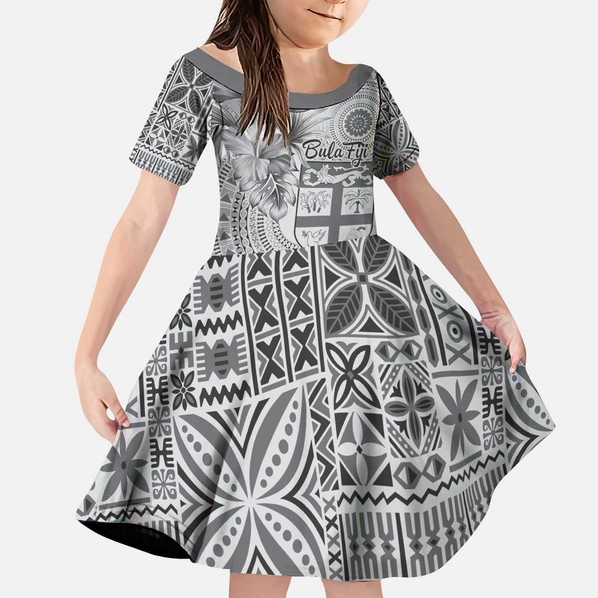 Vintage Bula Fiji Personalised Kid Short Sleeve Dress Beige Hibiscus Tapa Pattern