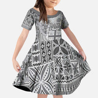 Vintage Bula Fiji Personalised Kid Short Sleeve Dress Beige Hibiscus Tapa Pattern