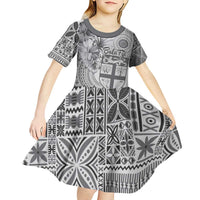 Vintage Bula Fiji Personalised Kid Short Sleeve Dress Beige Hibiscus Tapa Pattern