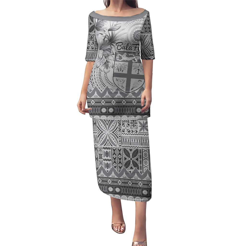 Vintage Bula Fiji Personalised Puletasi Beige Hibiscus Tapa Pattern