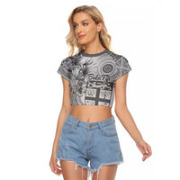 Vintage Bula Fiji Personalised Raglan Cropped T Shirt Beige Hibiscus Tapa Pattern LT9 Female White - Polynesian Pride