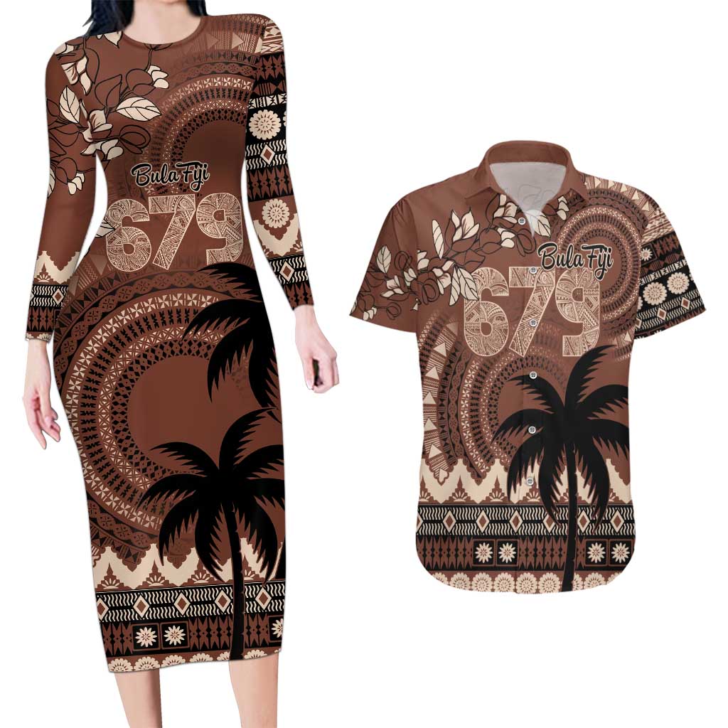 Personalised Bula Fiji 679 Couples Matching Long Sleeve Bodycon Dress and Hawaiian Shirt Fijian Tagimoucia Masi Tapa Art LT9 Brown - Polynesian Pride