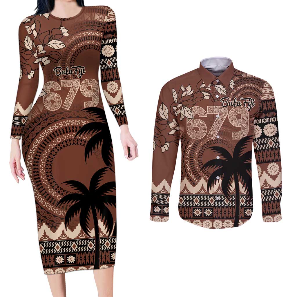 Personalised Bula Fiji 679 Couples Matching Long Sleeve Bodycon Dress and Long Sleeve Button Shirt Fijian Tagimoucia Masi Tapa Art LT9 Brown - Polynesian Pride