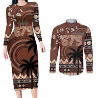 Personalised Bula Fiji 679 Couples Matching Long Sleeve Bodycon Dress and Long Sleeve Button Shirt Fijian Tagimoucia Masi Tapa Art LT9 Brown - Polynesian Pride