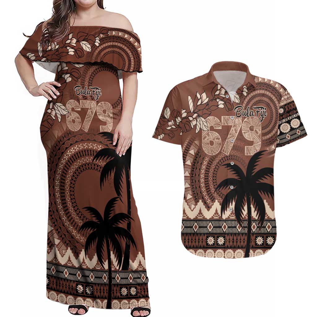 Personalised Bula Fiji 679 Couples Matching Off Shoulder Maxi Dress and Hawaiian Shirt Fijian Tagimoucia Masi Tapa Art LT9 Brown - Polynesian Pride