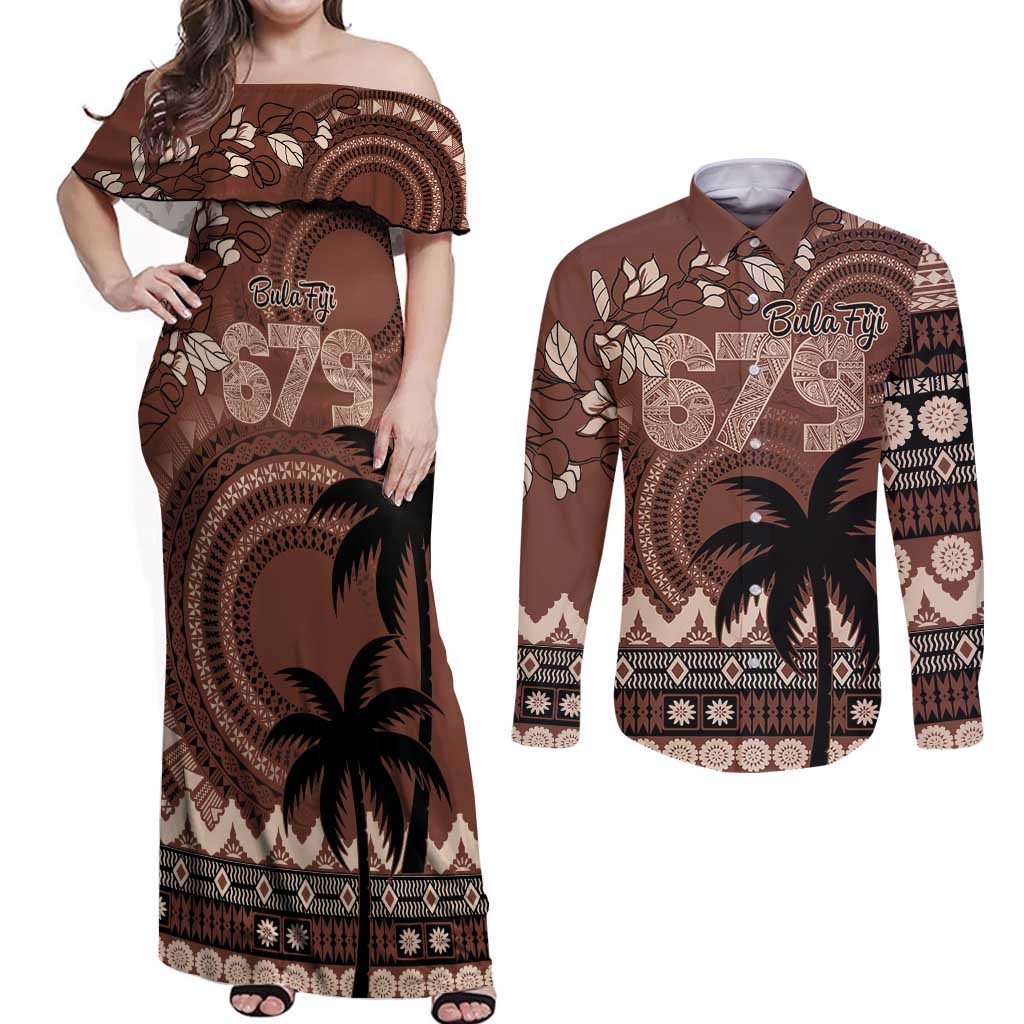 Personalised Bula Fiji 679 Couples Matching Off Shoulder Maxi Dress and Long Sleeve Button Shirt Fijian Tagimoucia Masi Tapa Art LT9 Brown - Polynesian Pride