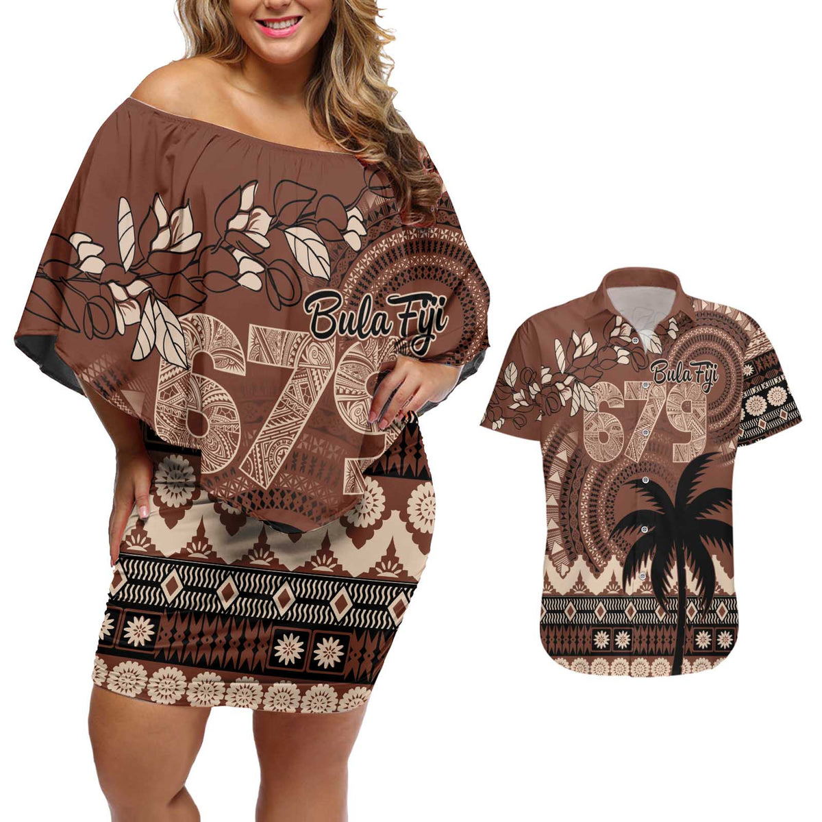Personalised Bula Fiji 679 Couples Matching Off Shoulder Short Dress and Hawaiian Shirt Fijian Tagimoucia Masi Tapa Art LT9 Brown - Polynesian Pride