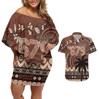 Personalised Bula Fiji 679 Couples Matching Off Shoulder Short Dress and Hawaiian Shirt Fijian Tagimoucia Masi Tapa Art LT9 Brown - Polynesian Pride