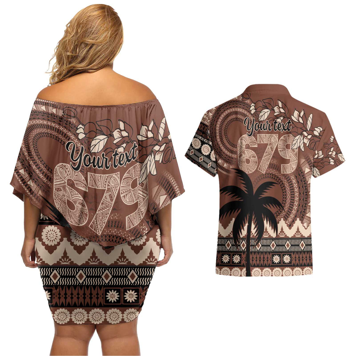 Personalised Bula Fiji 679 Couples Matching Off Shoulder Short Dress and Hawaiian Shirt Fijian Tagimoucia Masi Tapa Art LT9 - Polynesian Pride