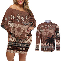 Personalised Bula Fiji 679 Couples Matching Off Shoulder Short Dress and Long Sleeve Button Shirt Fijian Tagimoucia Masi Tapa Art LT9 Brown - Polynesian Pride
