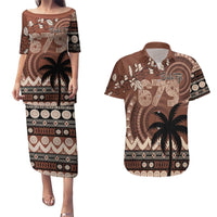 Personalised Bula Fiji 679 Couples Matching Puletasi and Hawaiian Shirt Fijian Tagimoucia Masi Tapa Art LT9 Brown - Polynesian Pride