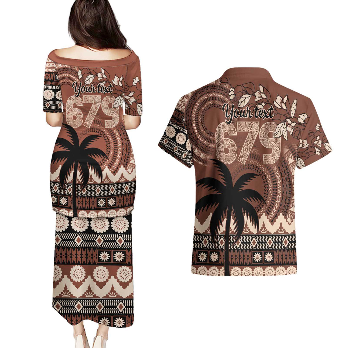 Personalised Bula Fiji 679 Couples Matching Puletasi and Hawaiian Shirt Fijian Tagimoucia Masi Tapa Art LT9 - Polynesian Pride