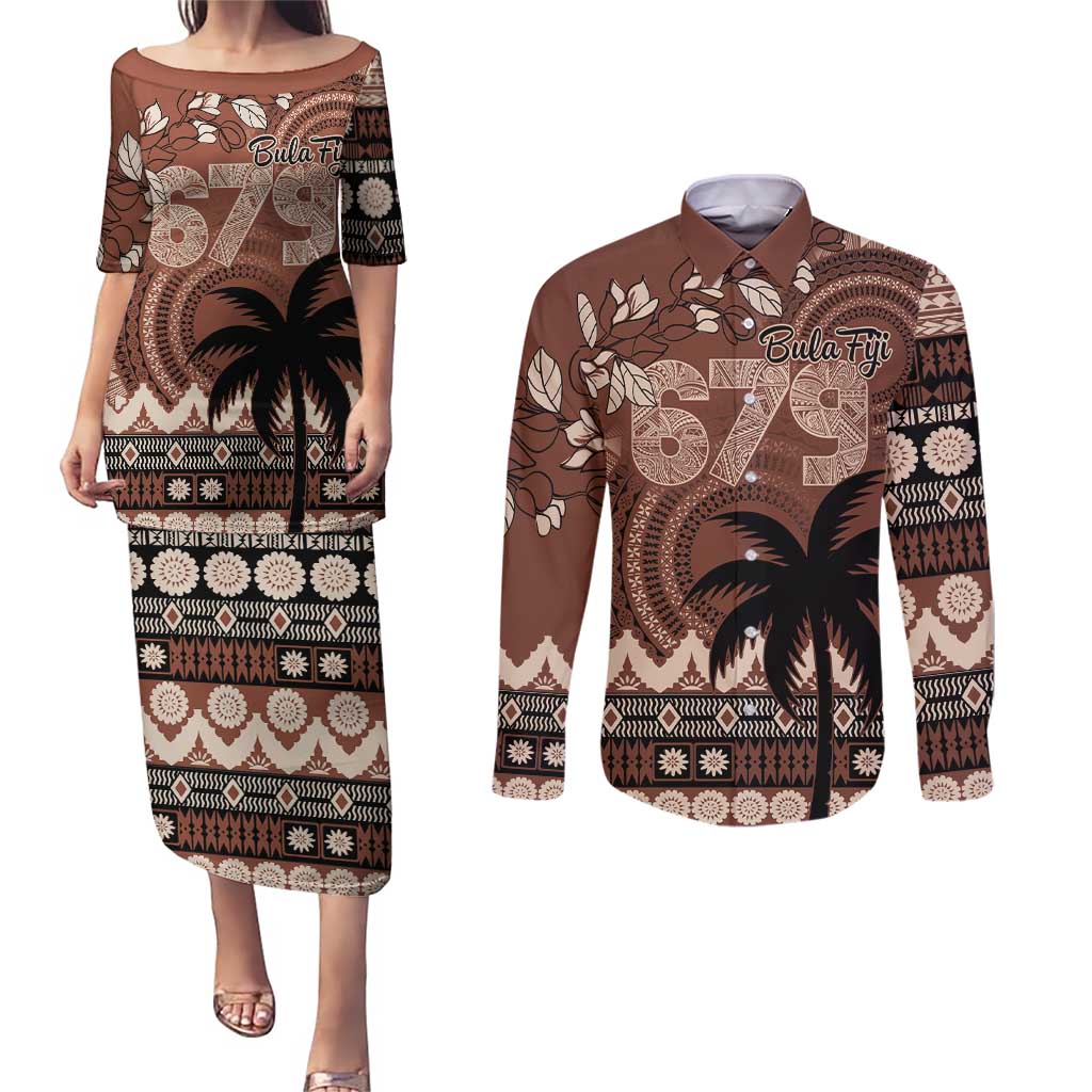 Personalised Bula Fiji 679 Couples Matching Puletasi and Long Sleeve Button Shirt Fijian Tagimoucia Masi Tapa Art LT9 Brown - Polynesian Pride