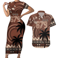 Personalised Bula Fiji 679 Couples Matching Short Sleeve Bodycon Dress and Hawaiian Shirt Fijian Tagimoucia Masi Tapa Art LT9 Brown - Polynesian Pride