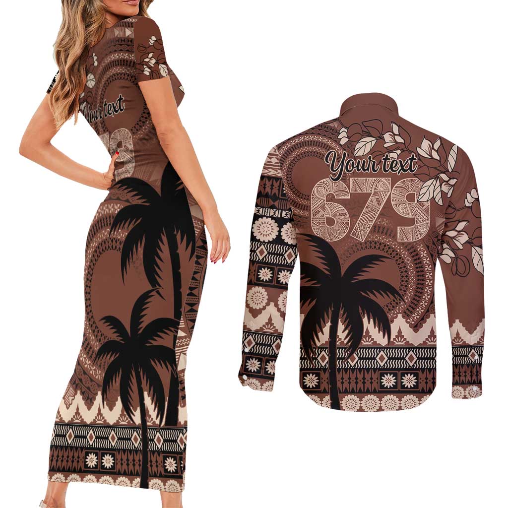 Personalised Bula Fiji 679 Couples Matching Short Sleeve Bodycon Dress and Long Sleeve Button Shirt Fijian Tagimoucia Masi Tapa Art LT9 - Polynesian Pride