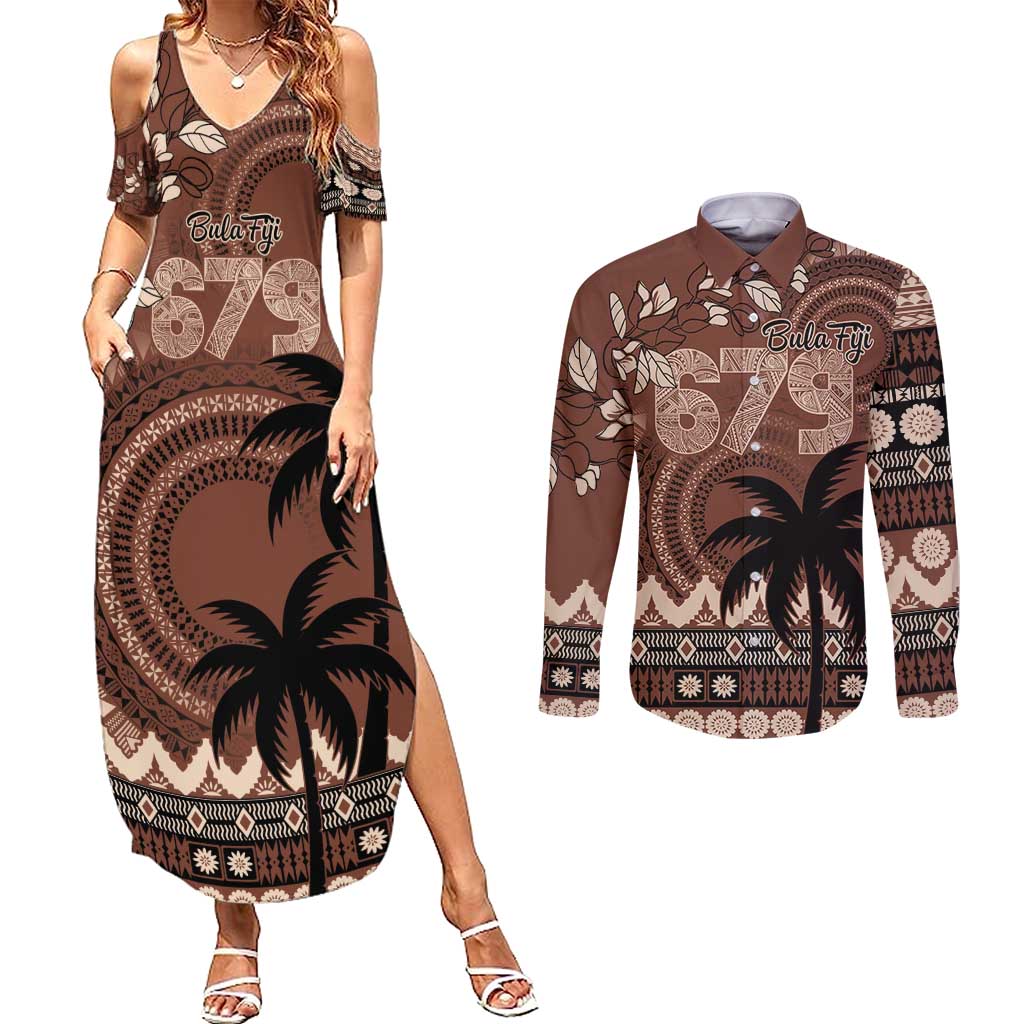 Personalised Bula Fiji 679 Couples Matching Summer Maxi Dress and Long Sleeve Button Shirt Fijian Tagimoucia Masi Tapa Art LT9 Brown - Polynesian Pride