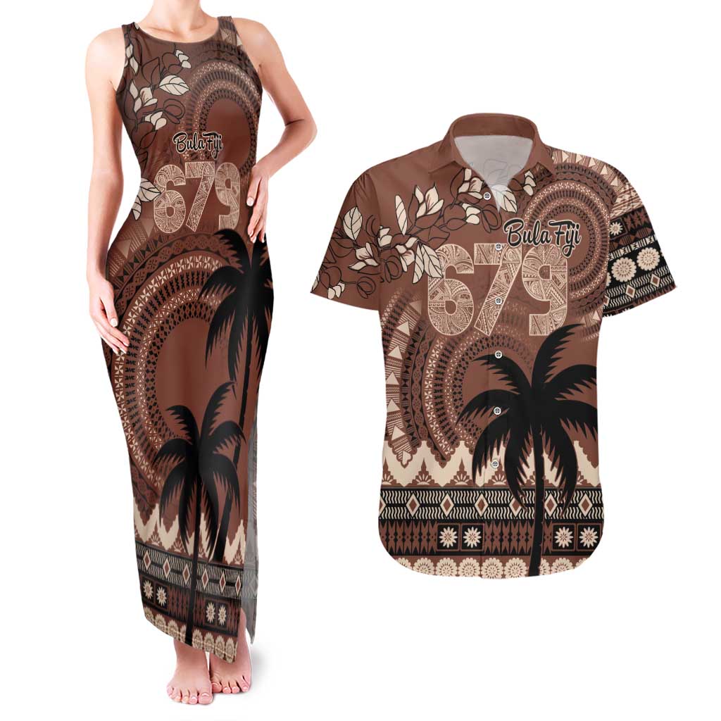 Personalised Bula Fiji 679 Couples Matching Tank Maxi Dress and Hawaiian Shirt Fijian Tagimoucia Masi Tapa Art LT9 Brown - Polynesian Pride
