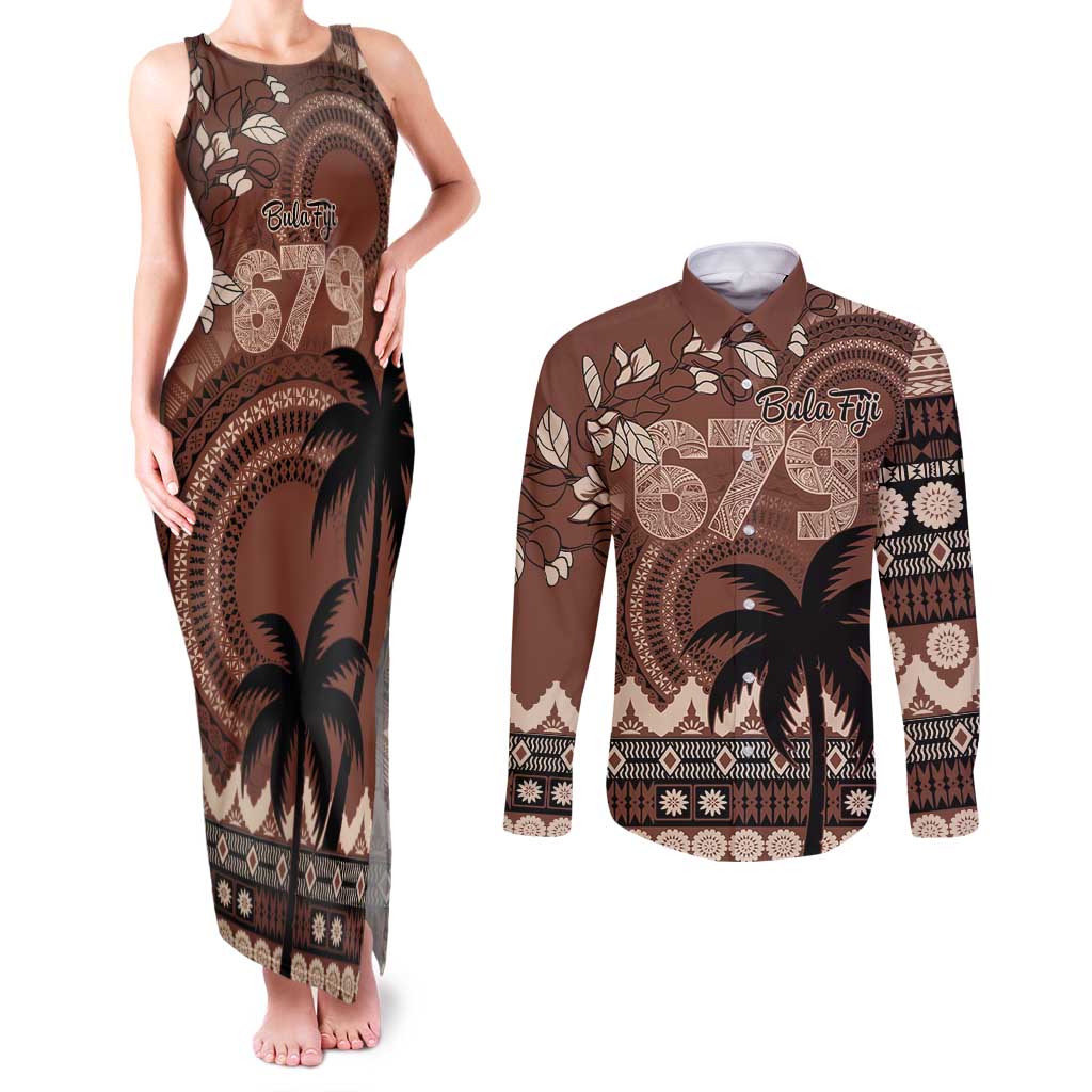 Personalised Bula Fiji 679 Couples Matching Tank Maxi Dress and Long Sleeve Button Shirt Fijian Tagimoucia Masi Tapa Art LT9 Brown - Polynesian Pride