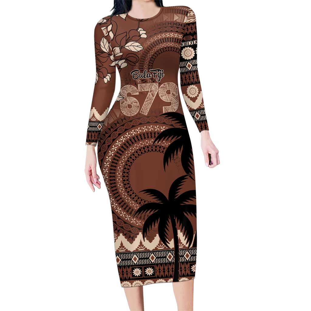 Personalised Bula Fiji 679 Family Matching Long Sleeve Bodycon Dress and Hawaiian Shirt Fijian Tagimoucia Masi Tapa Art LT9 Mom's Dress Brown - Polynesian Pride