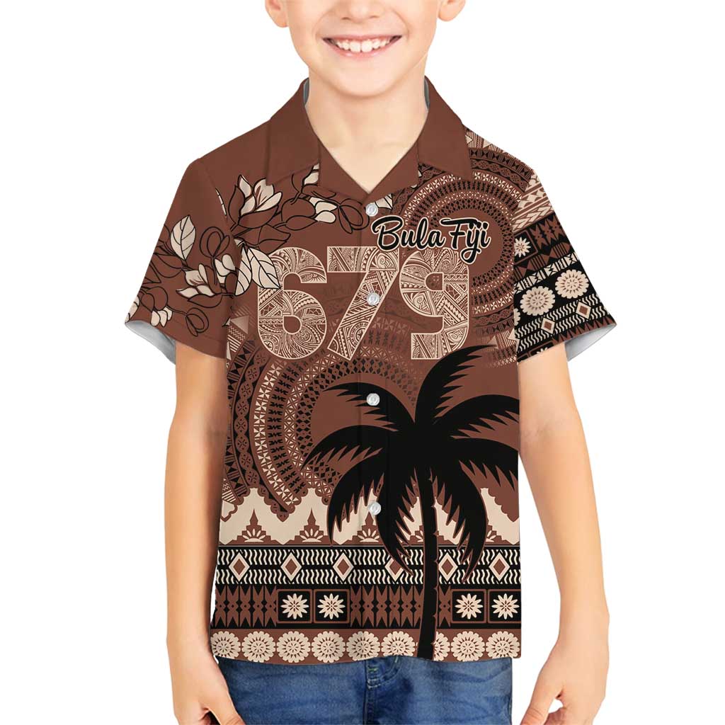 Personalised Bula Fiji 679 Family Matching Long Sleeve Bodycon Dress and Hawaiian Shirt Fijian Tagimoucia Masi Tapa Art LT9 Son's Shirt Brown - Polynesian Pride