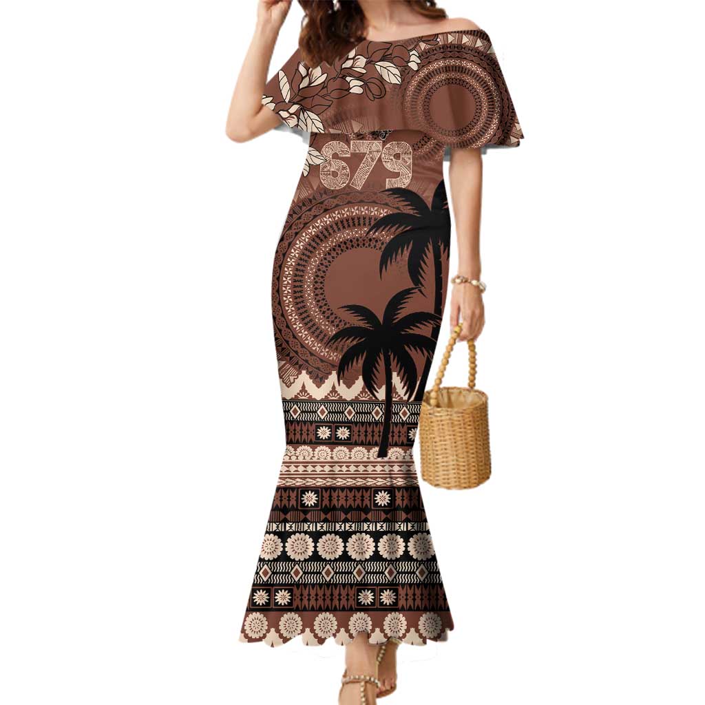 Personalised Bula Fiji 679 Family Matching Mermaid Dress and Hawaiian Shirt Fijian Tagimoucia Masi Tapa Art LT9 Mom's Dress Brown - Polynesian Pride