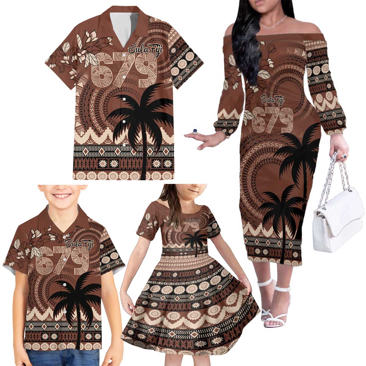 Personalised Bula Fiji 679 Family Matching Off The Shoulder Long Sleeve Dress and Hawaiian Shirt Fijian Tagimoucia Masi Tapa Art LT9 - Polynesian Pride