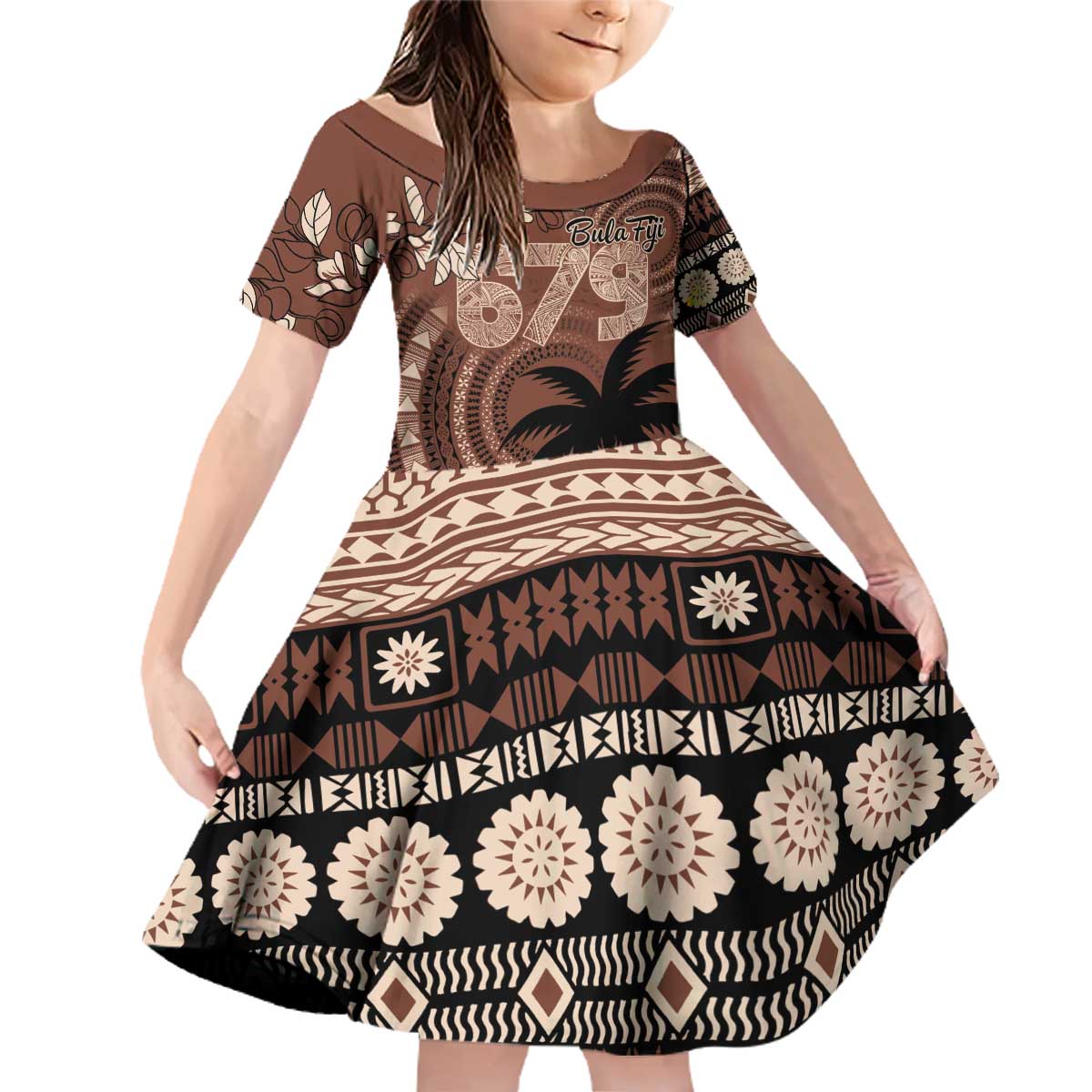 Personalised Bula Fiji 679 Family Matching Off Shoulder Short Dress and Hawaiian Shirt Fijian Tagimoucia Masi Tapa Art LT9 Daughter's Dress Brown - Polynesian Pride