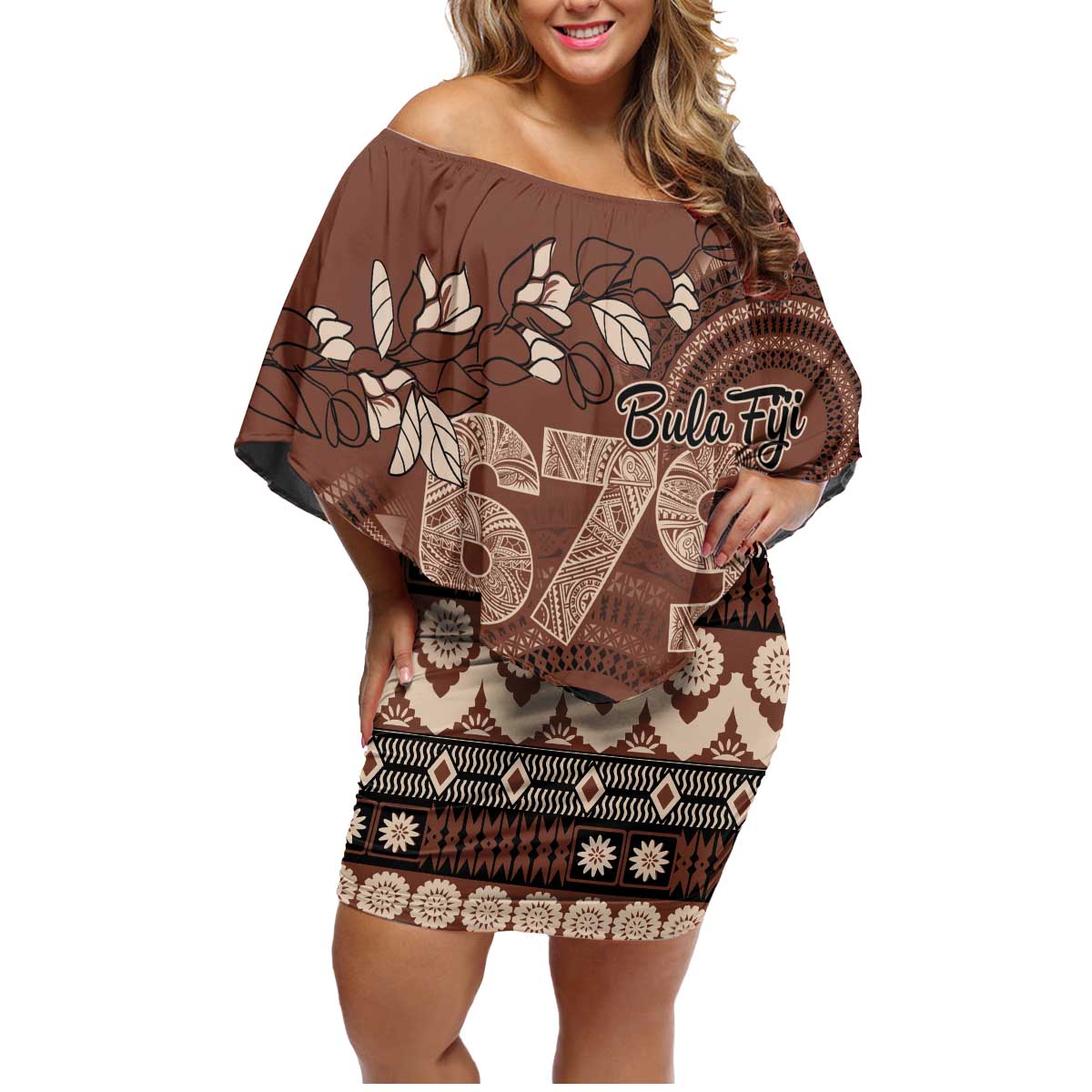 Personalised Bula Fiji 679 Family Matching Off Shoulder Short Dress and Hawaiian Shirt Fijian Tagimoucia Masi Tapa Art LT9 Mom's Dress Brown - Polynesian Pride