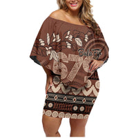 Personalised Bula Fiji 679 Family Matching Off Shoulder Short Dress and Hawaiian Shirt Fijian Tagimoucia Masi Tapa Art LT9 Mom's Dress Brown - Polynesian Pride