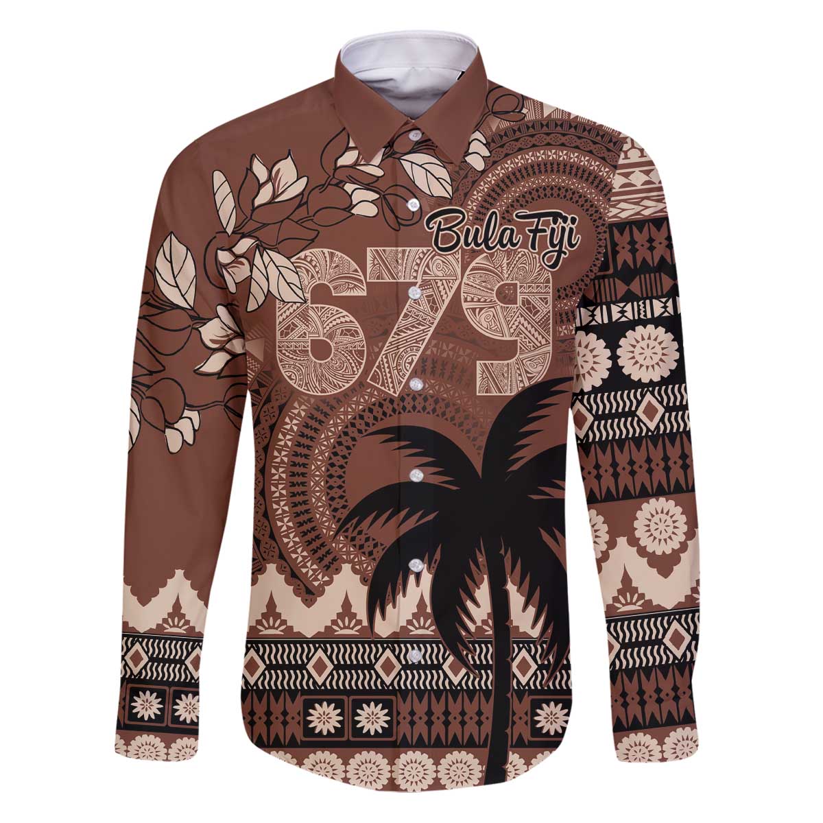 Personalised Bula Fiji 679 Family Matching Puletasi and Hawaiian Shirt Fijian Tagimoucia Masi Tapa Art LT9 Dad's Shirt - Long Sleeve Brown - Polynesian Pride