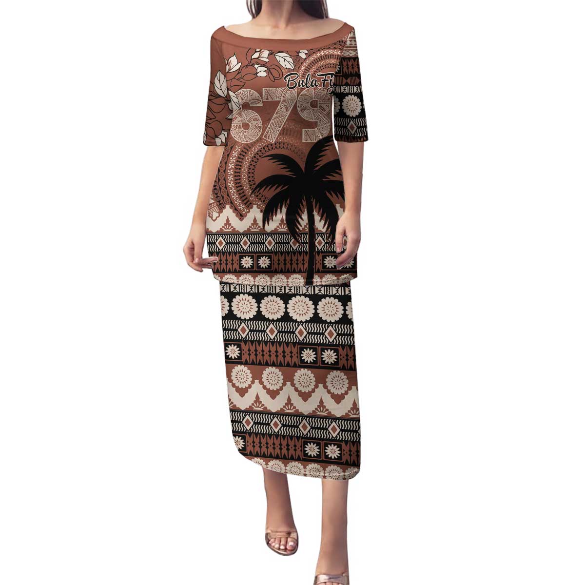 Personalised Bula Fiji 679 Family Matching Puletasi and Hawaiian Shirt Fijian Tagimoucia Masi Tapa Art LT9 Mom's Dress Brown - Polynesian Pride