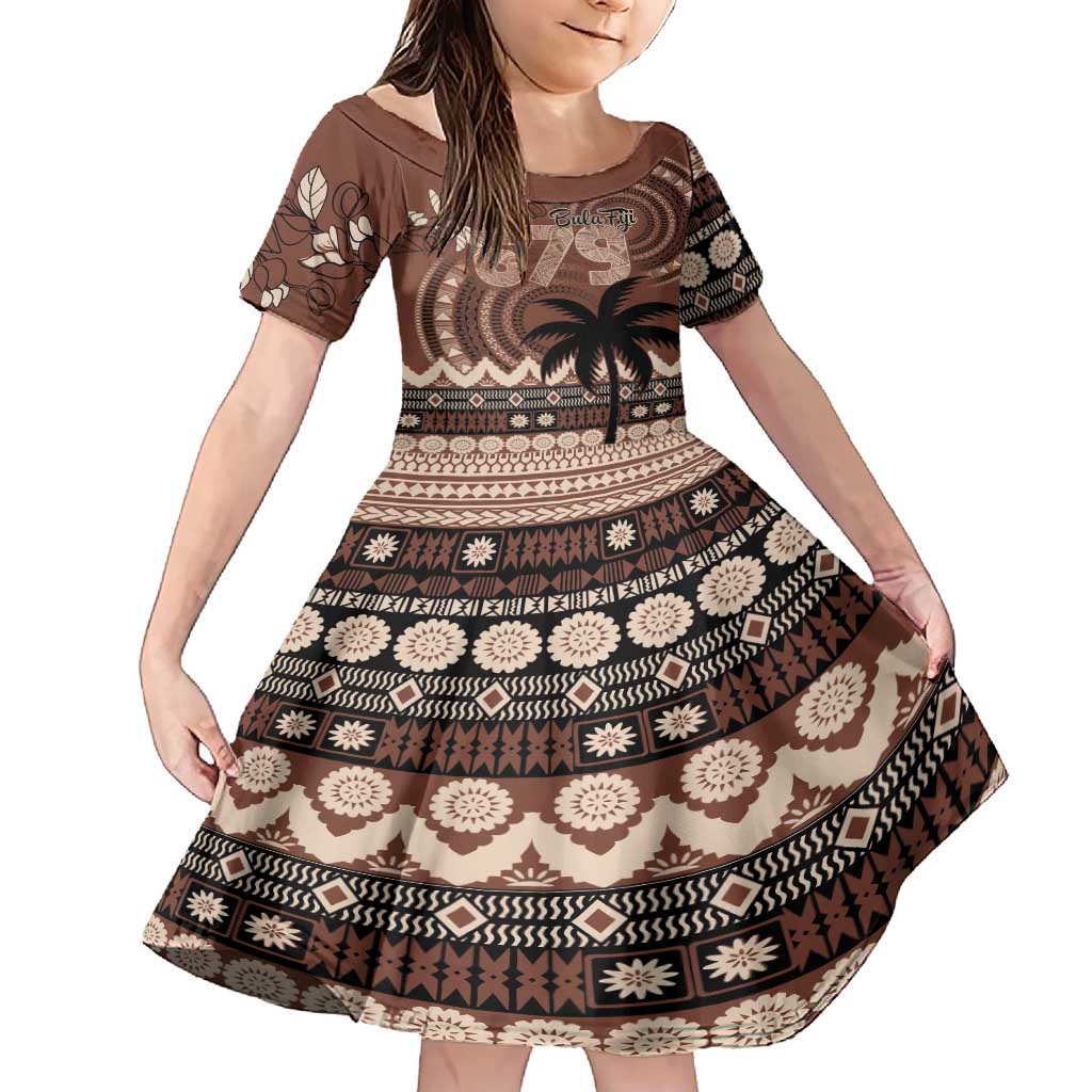 Personalised Bula Fiji 679 Family Matching Short Sleeve Bodycon Dress and Hawaiian Shirt Fijian Tagimoucia Masi Tapa Art LT9 Daughter's Dress Brown - Polynesian Pride