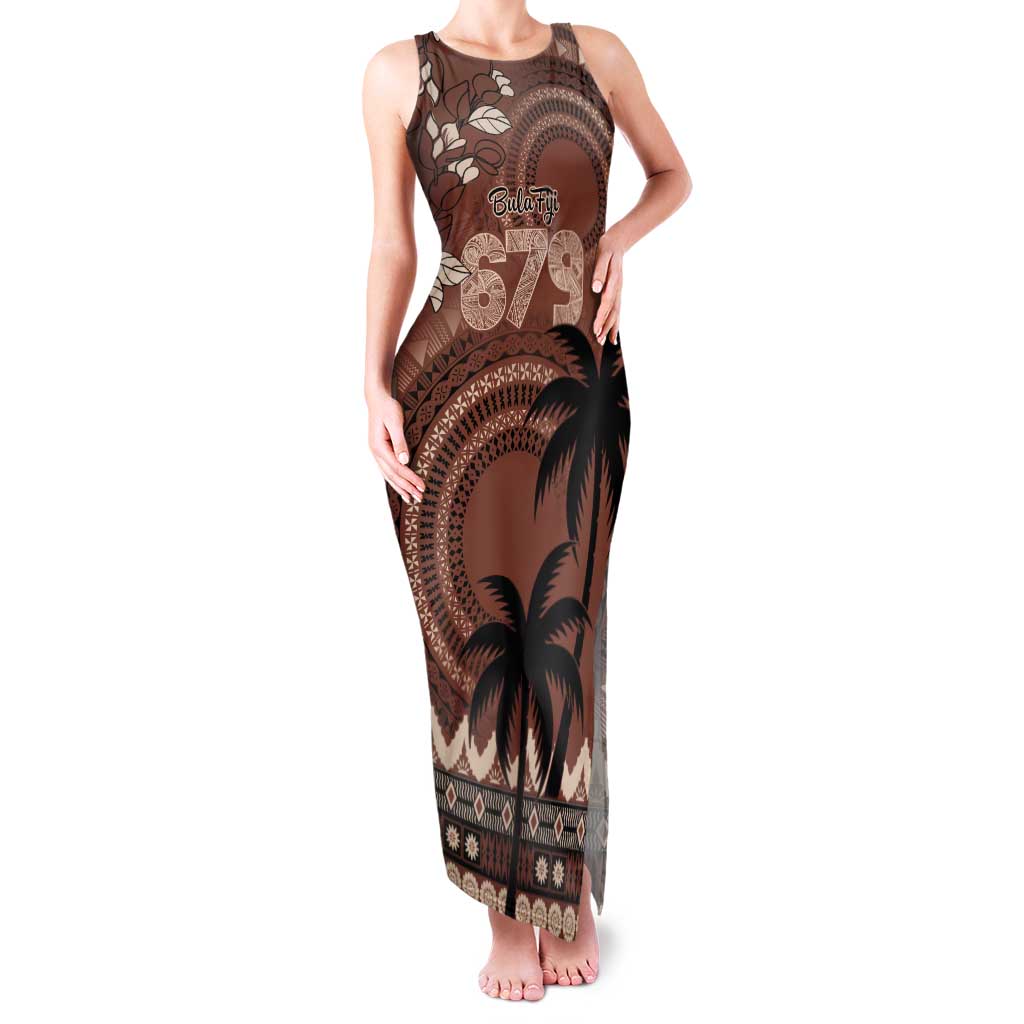 Personalised Bula Fiji 679 Family Matching Tank Maxi Dress and Hawaiian Shirt Fijian Tagimoucia Masi Tapa Art LT9 Mom's Dress Brown - Polynesian Pride