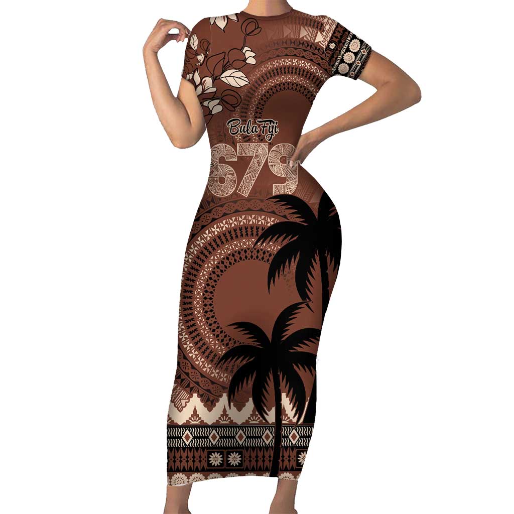 Personalised Bula Fiji 679 Short Sleeve Bodycon Dress Fijian Tagimoucia Masi Tapa Art LT9 Long Dress Brown - Polynesian Pride