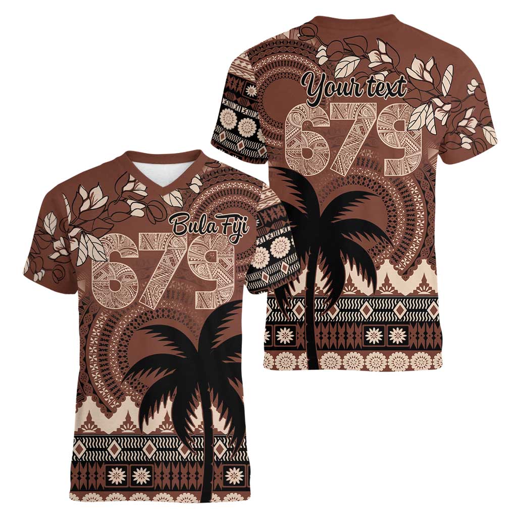 Personalised Bula Fiji 679 Women V-Neck T-Shirt Fijian Tagimoucia Masi Tapa Art