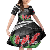 Personalised Samoa 685 Family Matching Off The Shoulder Long Sleeve Dress and Hawaiian Shirt Teuila Flower With Black Samoan Tattoo LT9 Daughter's Dress Black - Polynesian Pride