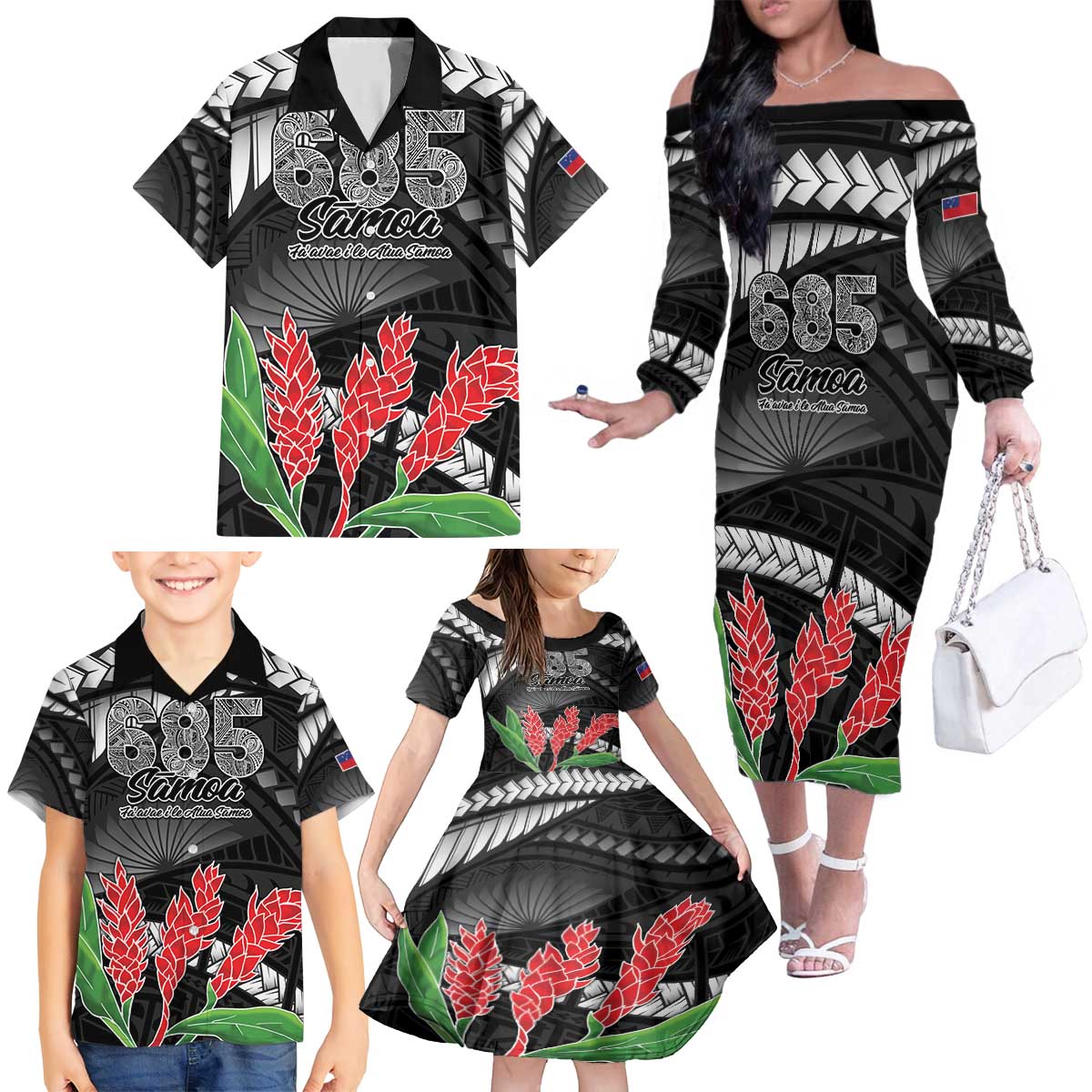 Personalised Samoa 685 Family Matching Off The Shoulder Long Sleeve Dress and Hawaiian Shirt Teuila Flower With Black Samoan Tattoo LT9 - Polynesian Pride