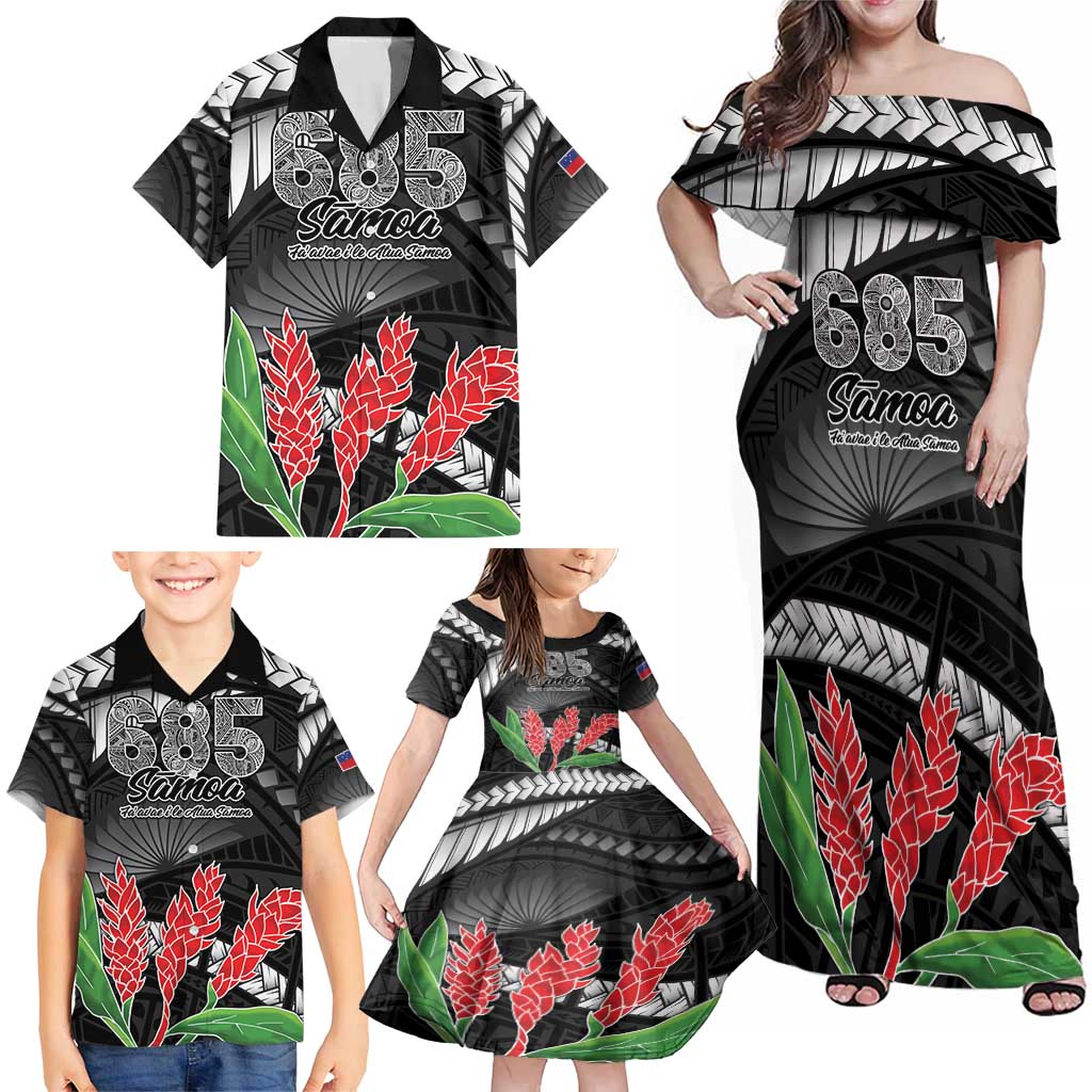 Personalised Samoa 685 Family Matching Off Shoulder Maxi Dress and Hawaiian Shirt Teuila Flower With Black Samoan Tattoo LT9 - Polynesian Pride