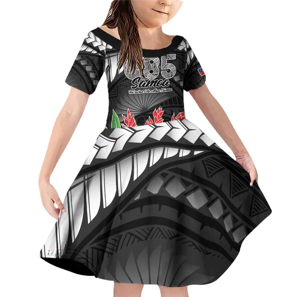 Personalised Samoa 685 Family Matching Off Shoulder Short Dress and Hawaiian Shirt Teuila Flower With Black Samoan Tattoo LT9 Daughter's Dress Black - Polynesian Pride