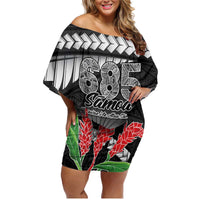 Personalised Samoa 685 Family Matching Off Shoulder Short Dress and Hawaiian Shirt Teuila Flower With Black Samoan Tattoo LT9 Mom's Dress Black - Polynesian Pride