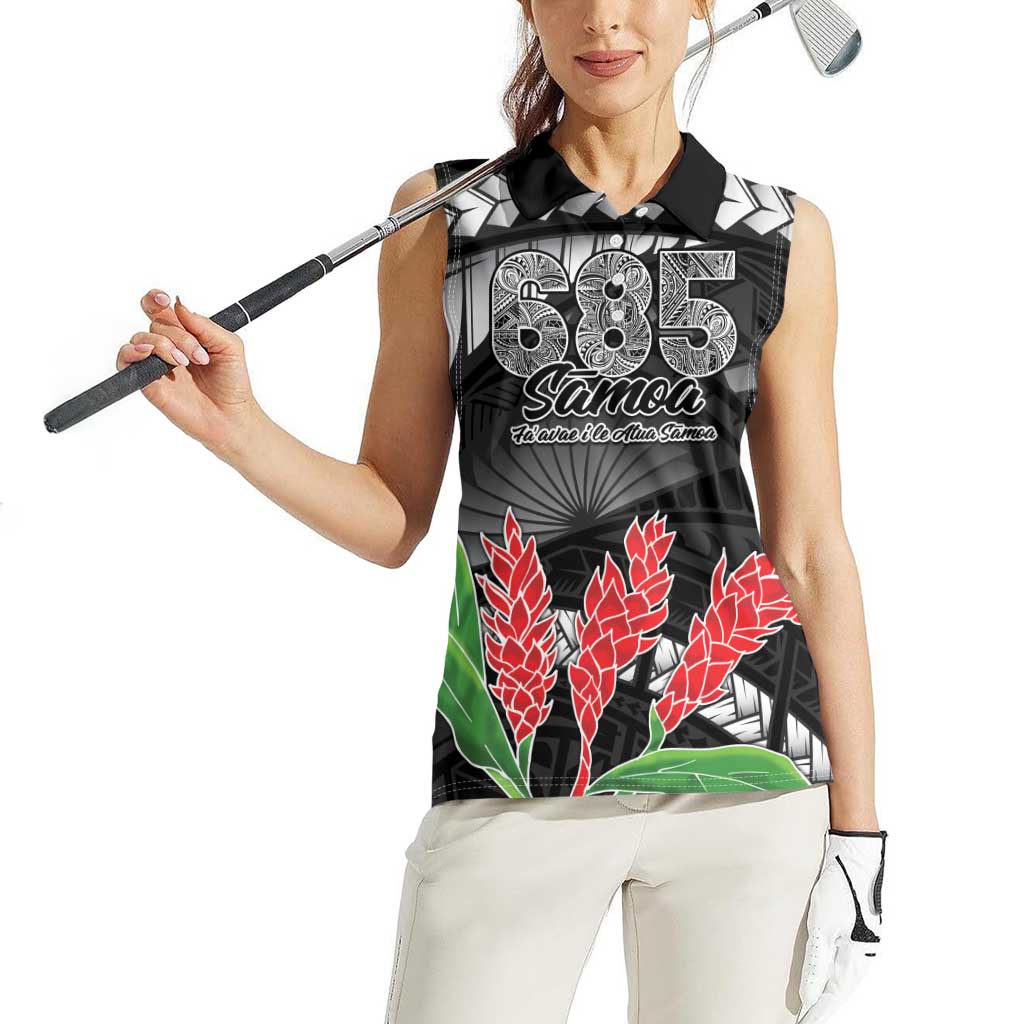 Personalised Samoa 685 Women Sleeveless Polo Shirt Teuila Flower With Black Samoan Tattoo