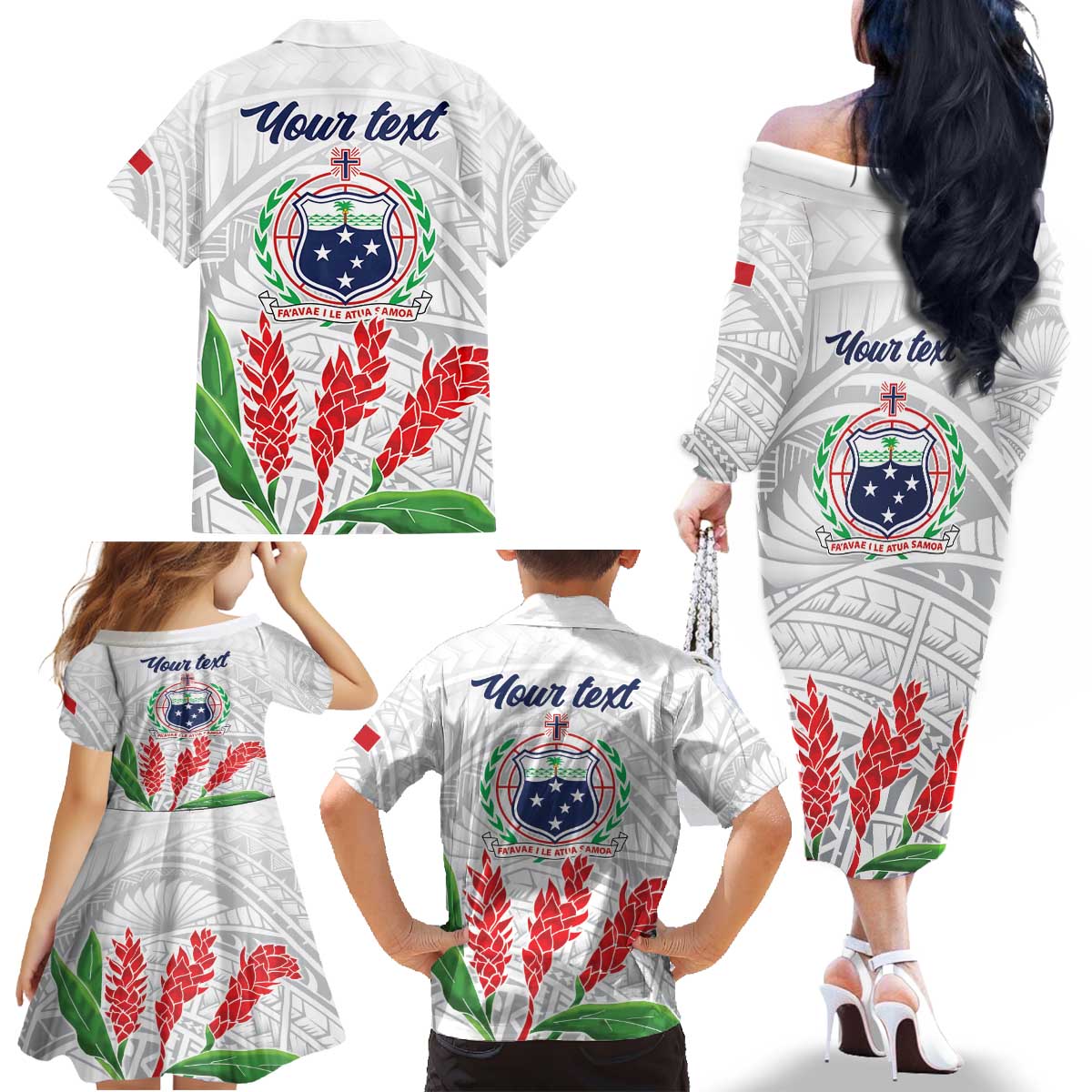 Personalised Samoa 685 Family Matching Off The Shoulder Long Sleeve Dress and Hawaiian Shirt Teuila Flower With White Samoan Tattoo LT9 - Polynesian Pride