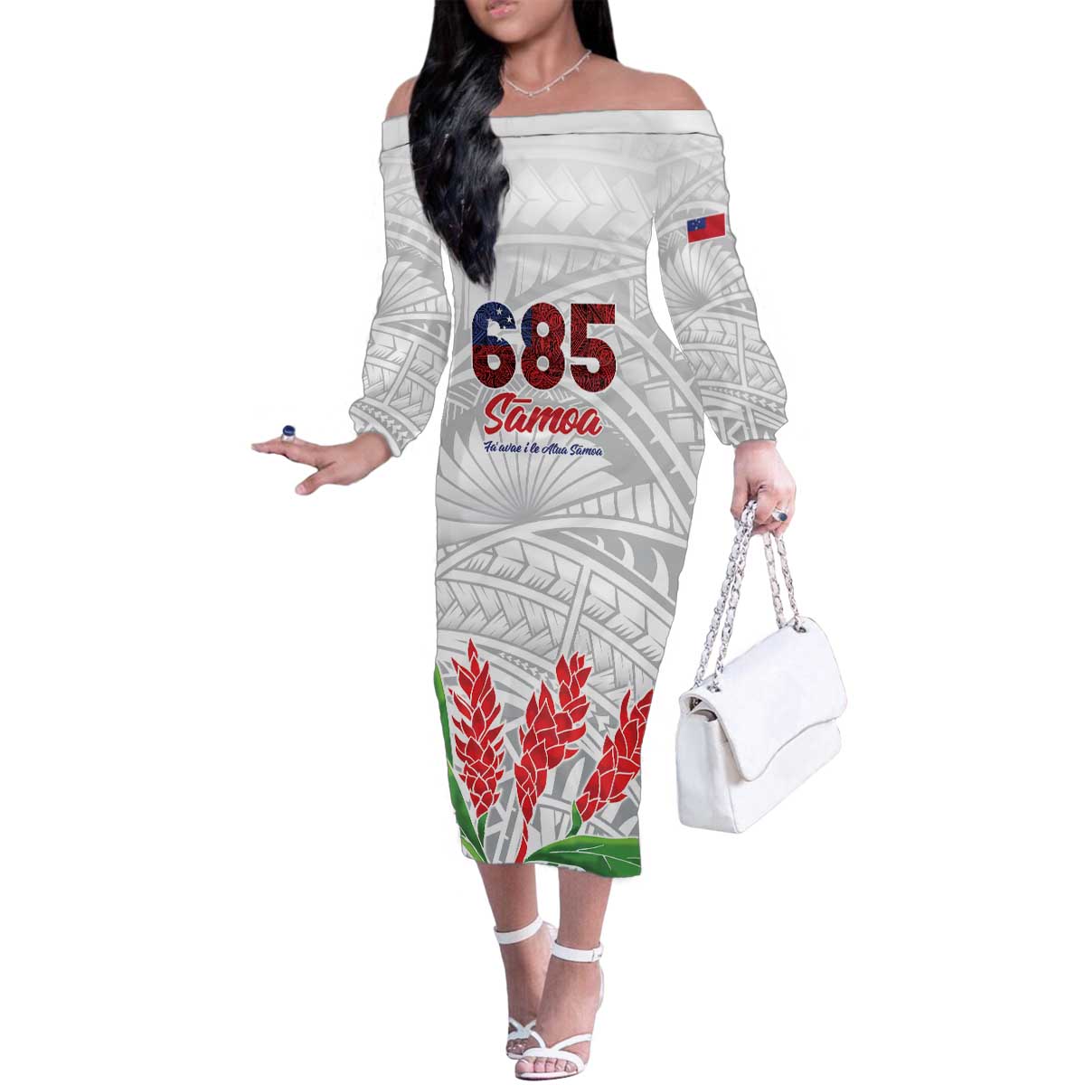 Personalised Samoa 685 Family Matching Off The Shoulder Long Sleeve Dress and Hawaiian Shirt Teuila Flower With White Samoan Tattoo LT9 Mom's Dress White - Polynesian Pride