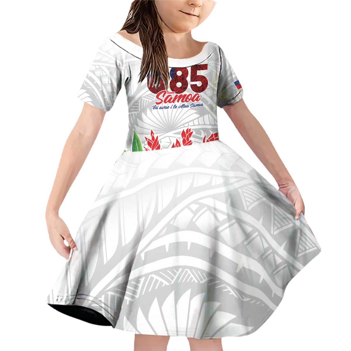 Personalised Samoa 685 Family Matching Off Shoulder Short Dress and Hawaiian Shirt Teuila Flower With White Samoan Tattoo LT9 Daughter's Dress White - Polynesian Pride