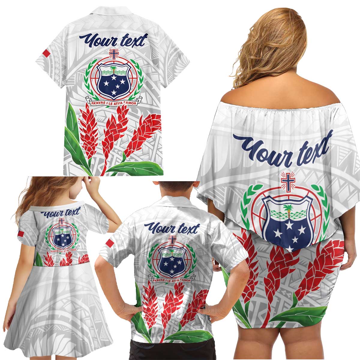 Personalised Samoa 685 Family Matching Off Shoulder Short Dress and Hawaiian Shirt Teuila Flower With White Samoan Tattoo LT9 - Polynesian Pride