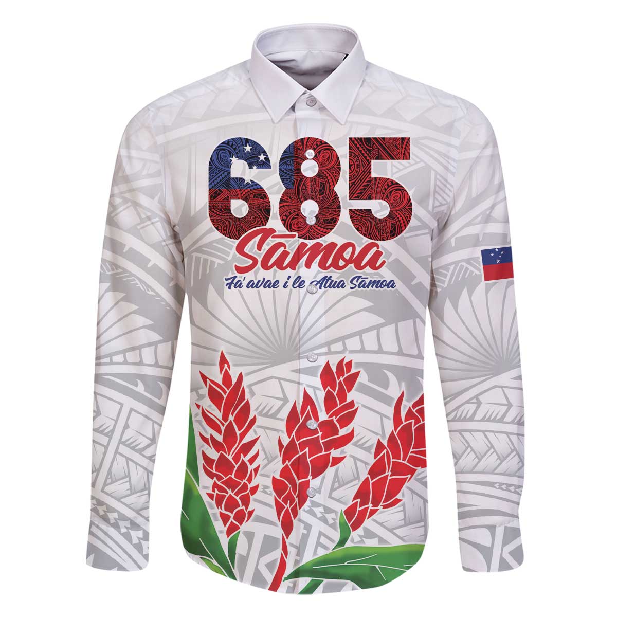 Personalised Samoa 685 Family Matching Off Shoulder Short Dress and Hawaiian Shirt Teuila Flower With White Samoan Tattoo LT9 Dad's Shirt - Long Sleeve White - Polynesian Pride